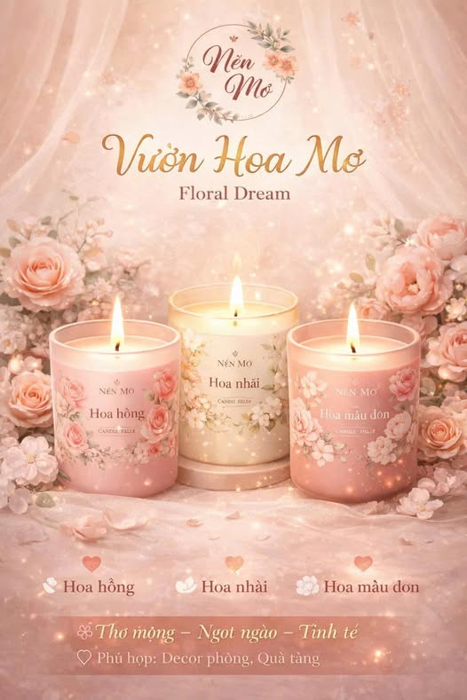 Nến thơm handmade Nến Mơ hương Hoa Hồng, Hoa Nhài và Hoa Mẫu Đơn với thiết kế hoa vintage màu hồng, giúp thư giãn, trang trí phòng ngủ và làm quà tặng tinh tế.