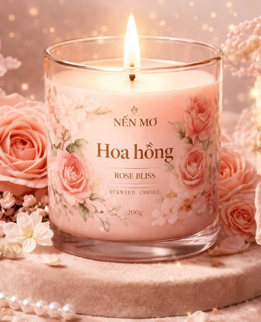 Nến thơm handmade Nến Mơ với hương thơm thư giãn, thiết kế sang trọng bên khăn tắm và hoa lan, phù hợp spa, phòng ngủ, decor không gian sống và làm quà tặng.