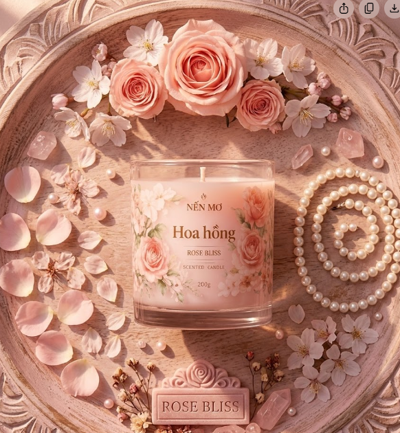 Nến thơm handmade Nến Mơ với hương thơm thư giãn, thiết kế sang trọng bên khăn tắm và hoa lan, phù hợp spa, phòng ngủ, decor không gian sống và làm quà tặng.
