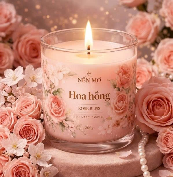 Nến thơm handmade Nến Mơ với hương thơm thư giãn, thiết kế sang trọng bên khăn tắm và hoa lan, phù hợp spa, phòng ngủ, decor không gian sống và làm quà tặng.